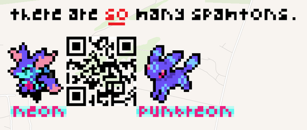 Pixel art of Neon and Punbreon (based on official game sprites) next to a qrcode on wplace