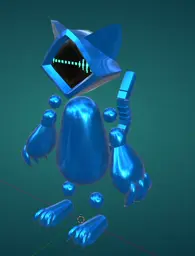 video showing the character in Blender with an audio visualizer for a face. no body textures, just a blue metallic material.
