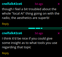 screenshot of a comment from cnelfalk: "though I feel a bit troubled about the whole "local AI" thing going on with the radio, the aesthetics are superb! I think it'd be nice if you could give some insight as to what tools you use regarding that topic"